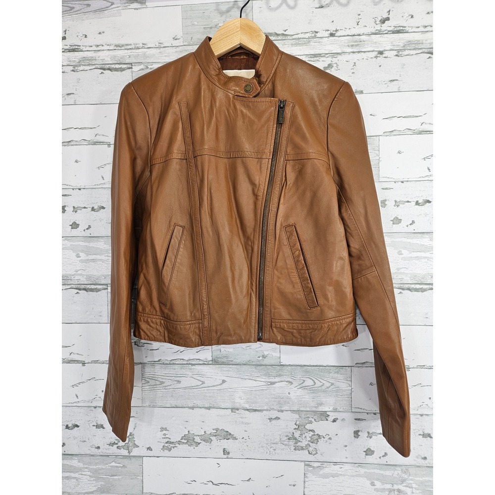 Michael Kors Womens Luggage Brown Lamb Leather Moto Jacket M
